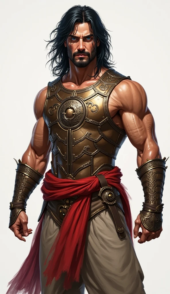 (Masterpiece, best quality), detailed, ((character concept art)), ((character design sheet, same character, front, Side, back)), Theon I was an imposing man, over two meters tall and with robust muscles. His long hair and beard were dark brown., often adorned with braids and tribal ornaments.