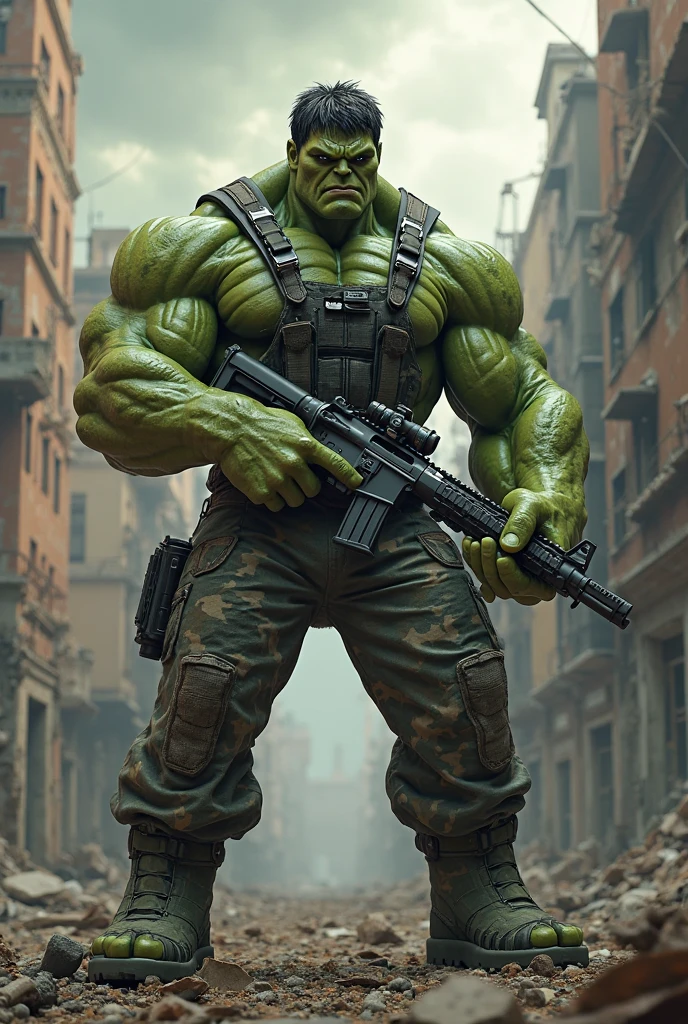 Hulk wear miletry costume and holding a sniper gun