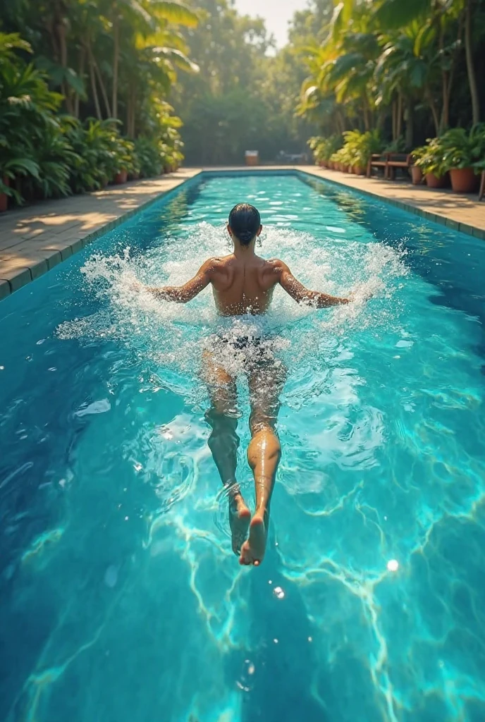 A high-energy scene of a person jumping off a diving board into a clear, expansive pool. The action captures the immediacy and decisiveness of Aries, with water splashing dramatically and sunlight creating sparkling reflections. --ar 16:9