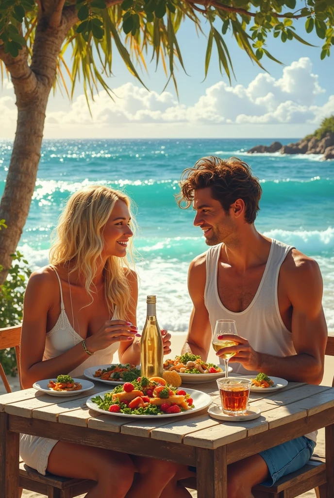 Realistic Man and Girlfriend 25-35 years old, On the Caribbean beach, blonde hair, brown eyes, eating acai , with friends Ultra HD, high qualiy, best qualityer, high resolution, 8k, 16K