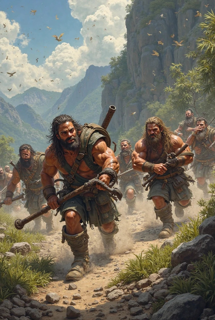 Fat, strong, wild men fleeing the strong winds.