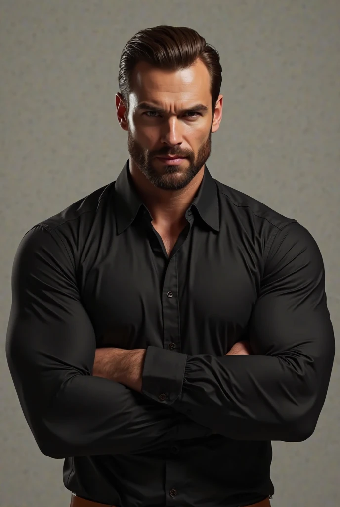 in light and handsome man mafioso serious face strong arms dressed in a black blouse