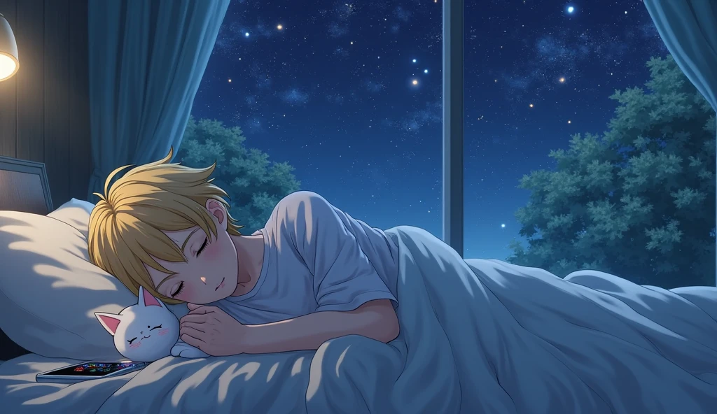Imagine a soft, soothing illustration of a Beautiful girl was sleeping on a comfortable bed, eyes closed, black pajamas. The room is plunged into darkness, except for soft light emanating from a bedside lamp near the bed, qui jette une lueur chaleureuse sur son visage paisible. Through the half-open window, The Starry Night Stretches Out, full moon, creating a magical contrast between the peaceful interior and the mysterious outside world. Light curtains move slightly with the night breeze, adding a touch of movement to this tranquil scene.