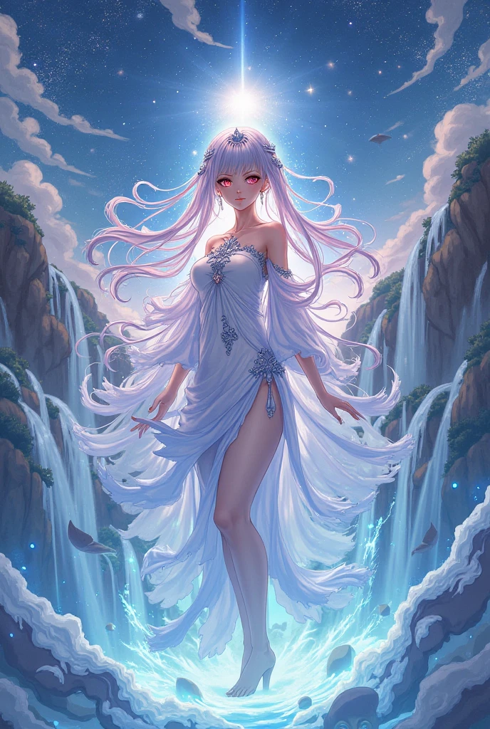 Realistic anime woman with white hair and a transparent dress with a rainbow, corpo apenas tronco, ethereal anime, Mago Celestial, estilo de arte de fantasia, divindade de cabelos prat , luzes refletidas, ethereal rainbows, iridescence, ambiente fundo do mar, bolhas de agua, living waters, Aquatic beings , fantasia, luz animada, Living Water style clothes, Drive, visao de lado, iluminacao brilhante, anime fantasy illustration, Arte estilo Guweiz, 8k arte detalhada de alta qualidade, beautiful young wind spirit, Ethereal Fantasy, fada astral, iridescence, UDH, alto detalhamento
