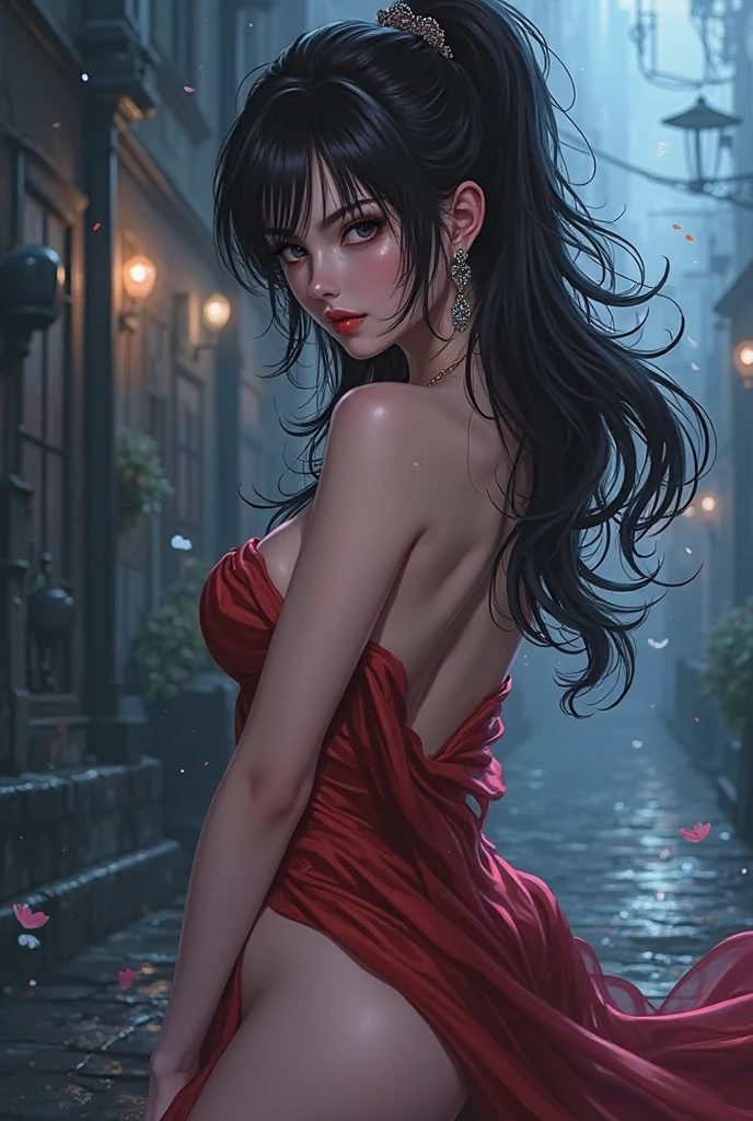 ((aeolian)), 1 girl, beautiful face, green eyes, Princess, small breasts, very long black hair, slim body with long legs, full body view, wearing high heels, perfect fingers, walking through village, ((wearing red dress and naked)), thighs spread wide, bare groin, night