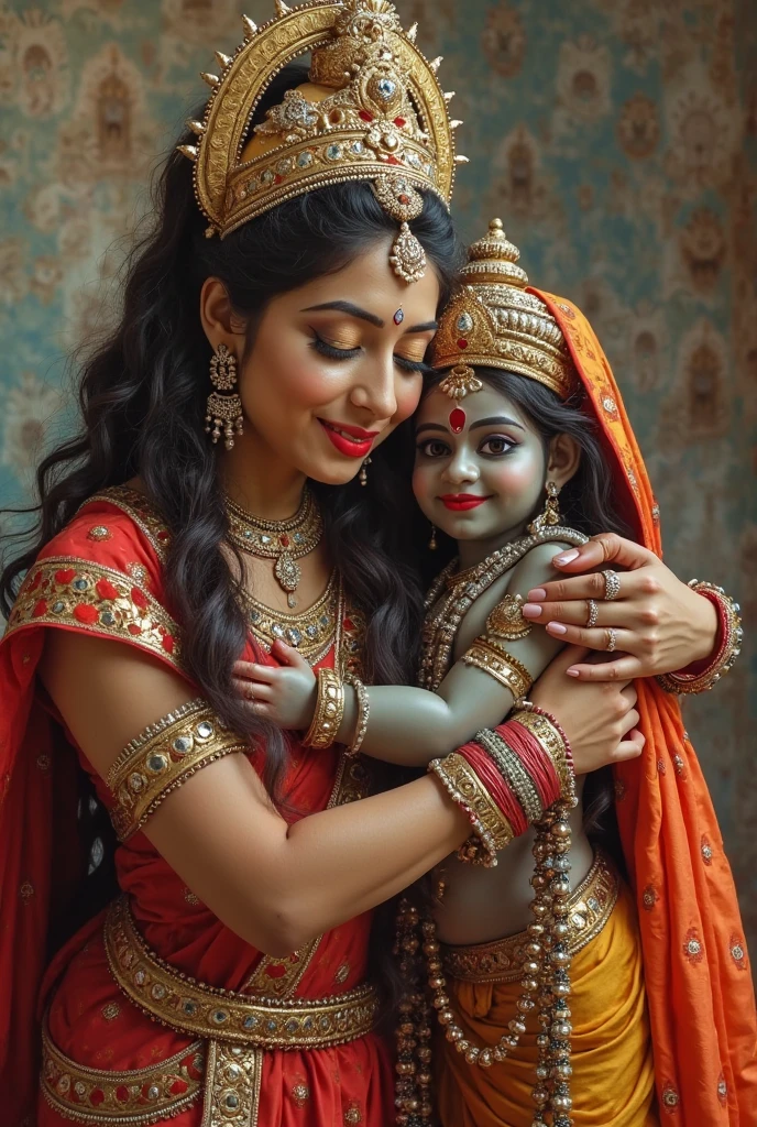 Hindu Goddess Mahakali tieing rakhi to a cute small girl on occasion of rakshabandhan