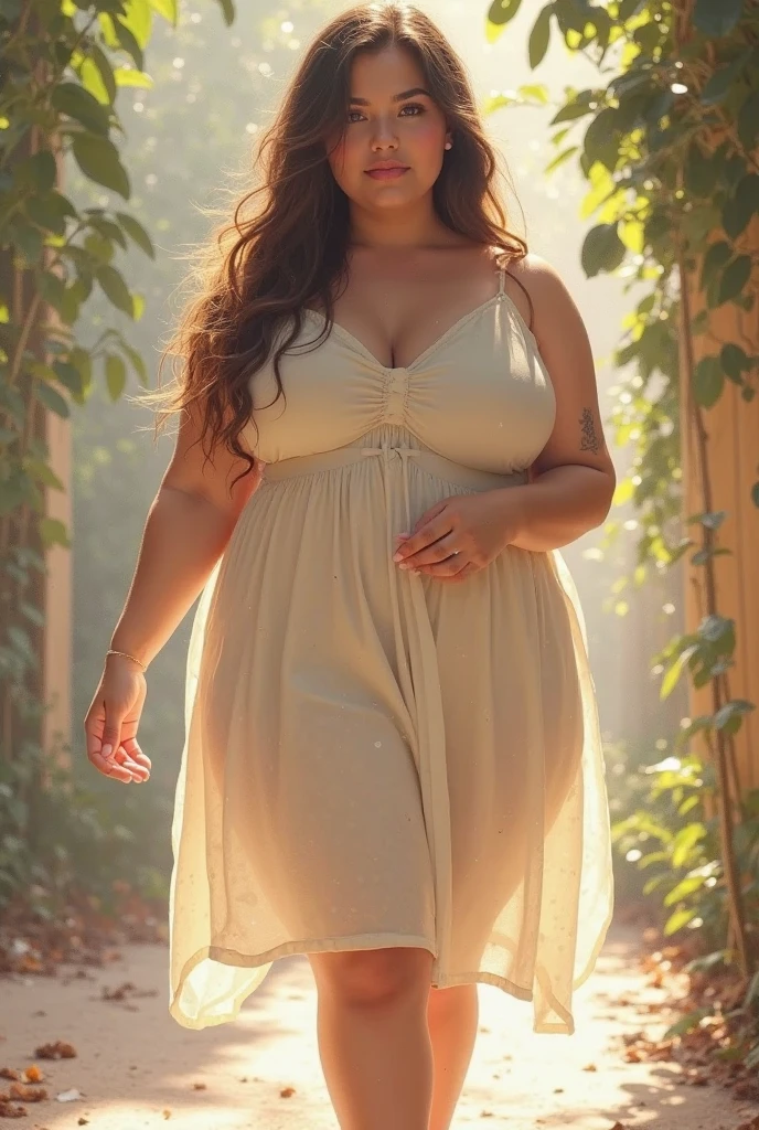 Spring in the misty fields. erotic, voluptuous, Curvy woman. Stop Aaron. body measurement of 100-70-90! beautiful face, wide, cascading, flower. Her wide heart-shaped lips curve, light smile. Beautiful seductive eyes. She wears a transparent and flowy summer dress.. prancing in the fields. masterpiece, Warm orange lighting, cinematic shot, Brown hair