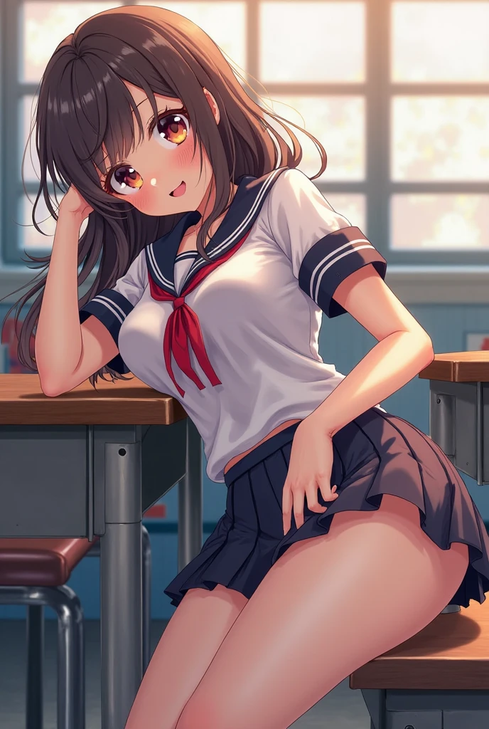 RioFutaba, Hi-Res, top-quality, illustratio, Super Detail, (Detail Face), (Detail Eye), Soft lighting, top-quality, Super Detail, masterpiece, 1girl in, 独奏, outfit2, Ash brown hair, poneyTail, Scrunchie, Brown-eyed, Short sleeved shirt, pleatedskirt, red necktie, (Glowing eyes),, (colourfull), Upper bust, A smile, crass room, Look at viewers、(Anna Tanaka)、hi-school girl、Summer clothes skirt、Lace panties、sit on stairs、NSFW:1.5、(Bend your knees and open your legs)