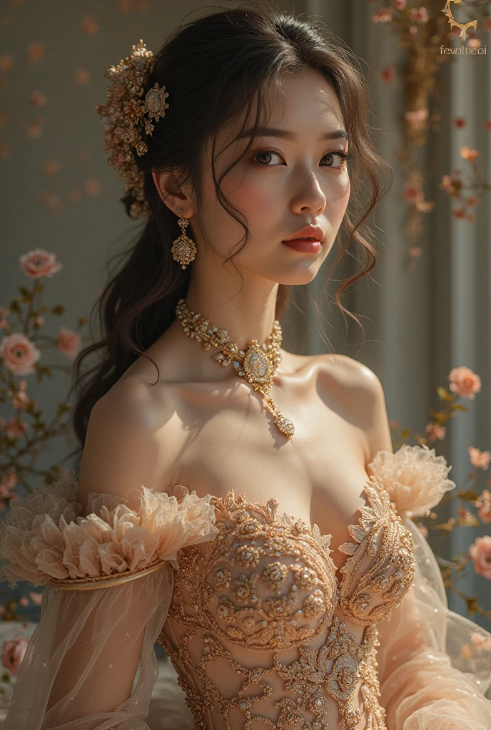 generate a lady with ((gigantic breast:1,9)), wearing tight luxury transparent kebaya, luxury bustier sexy transparent corset, batik tight long skirt and sanggul hair, slim waist, propotional body, her aura is really beauty, make the picture looks so lovely, masterpiece, full body picture, hyperdetail, 8k, ambient effect, digital effect, nsfw, completely naked, nude , nipples