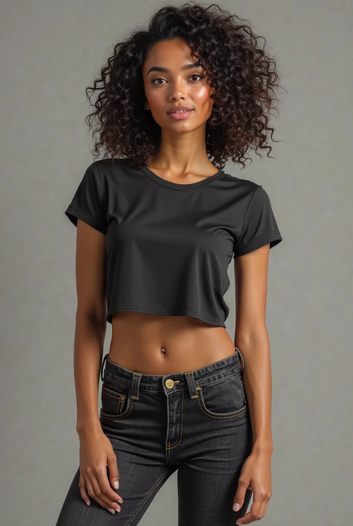 an ultra realistic full body portrait of an african woman wearing hair extension, with middle part brazilian wavy hair, wearing a black top and black jeans, pink backdrop. ((best quality)), ((masterpiece)), (detailed), perfect face