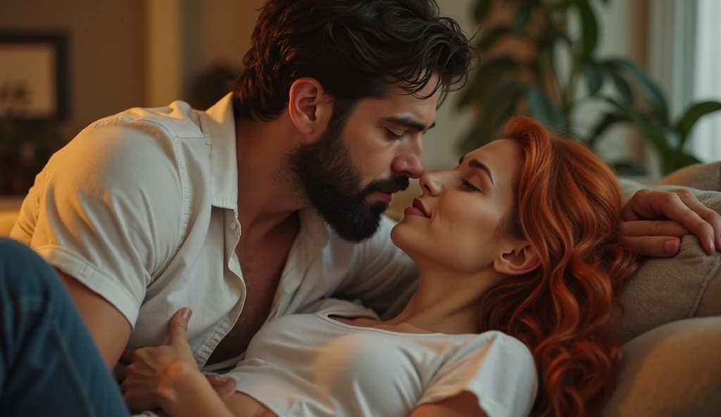 We're in the same position, with me in the white shirt and shorts. Your cock is buried deep inside me, stretching my tight pussy to the limit. My caramel skin is slick with sweat, and my red hair is a wild mess as I rock back and forth on your dick. My eyes are closed in ecstasy, and my lips are parted, releasing little moans of pleasure with every thrust. You're gripping my hips tightly, guiding me to the perfect rhythm.