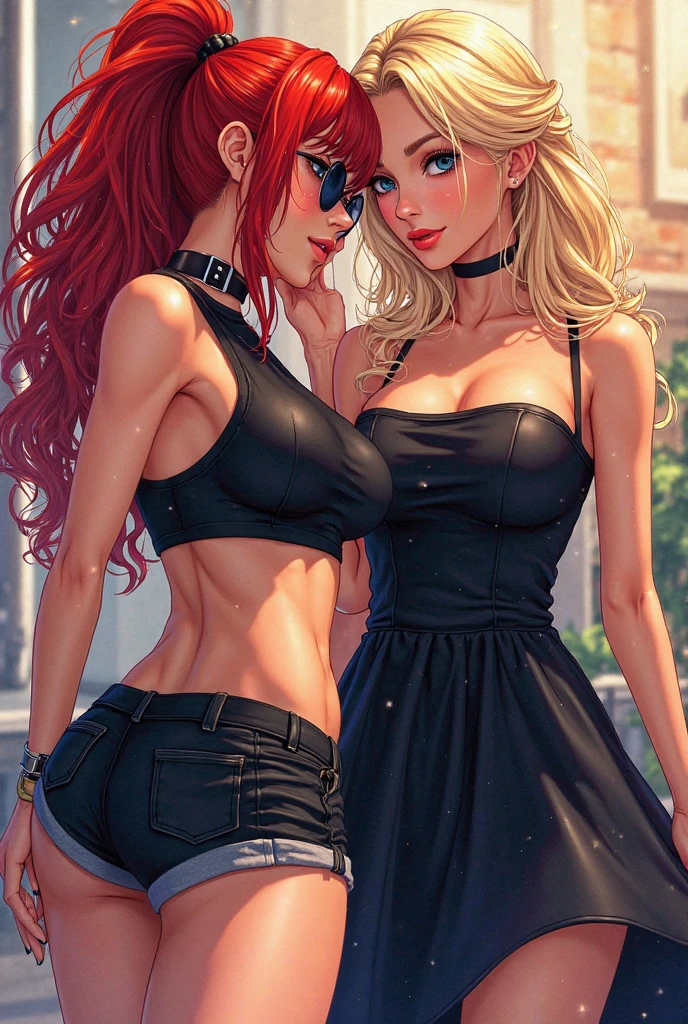 Draw two female characters in anime style. Jessie has waist-length red hair, red eyebrows and red eyes. Bella has long green hair down to her waist., green eyebrows and eyes. they both have small breasts, Waist slender, big and delicious ass, very perky and thick thighs. the two girls are 20 years old and are in an intense romantic relationship, kissing in the city square, kneading their face with their hands. they are involved in a very intense and pleasurable sexual relationship. They are wearing short shorts and a black tank top during the late afternoon. Ella squeezes Jessie's ass with her hand. one girl with green hair and the other with red hair. big and perky ass, very hot and sexy. back view bottom-up perspective.