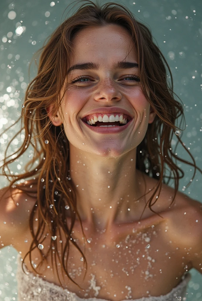 Vintage photo of a whimsical and cute happy woman splashing in the ocean, 1970’s, shimmering sunshine, bright sunlight, the face is a mix of Billie Eilish and Zoe Kravitz, water splashing, perfect teeth, faded, scratches, aged, texture, smiling, happy, by McKay, dynamic action, movement, hyper detailed face and eyes, magical, stunning image, joyous, upbeat, fun, statement making, fantastical, highly detailed, perfect composition, 8K, award winning, professional concept art, beautiful lighting, dappled sunlight, ambient lighting, sunbeams