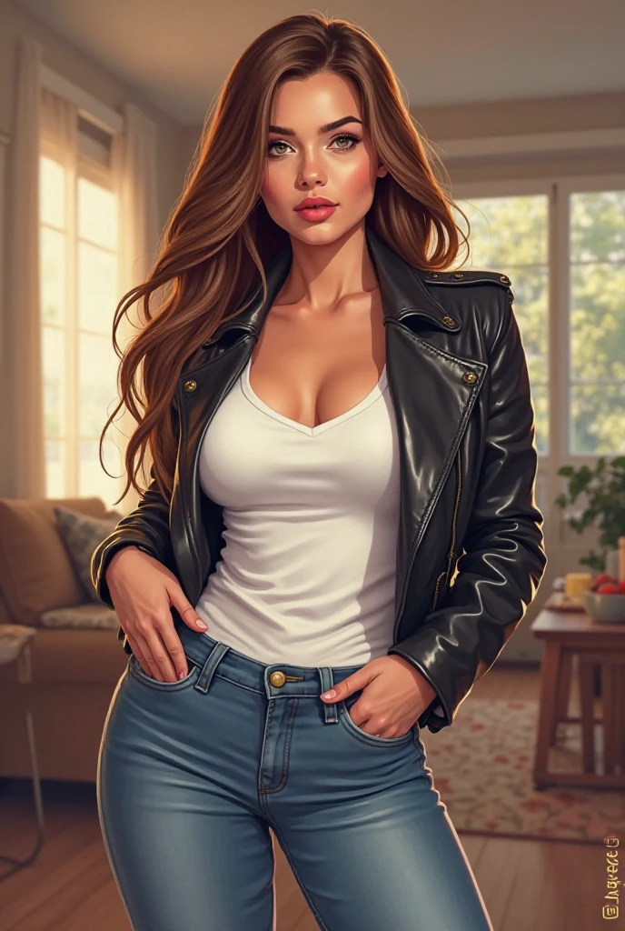 lucy pinder, face portrait, ((Very intense makeup)), voluptuous woman, ((brilliant lipstick)), long hair, straight hair, brown hair, long hair, black t-shirt, leather jacket, brown jacket, blue jeans, boots , smiling