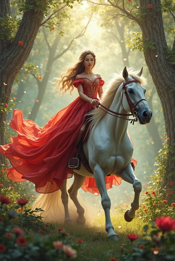 A lady in red dress riding on white horse in enchanted forest - SeaArt AI