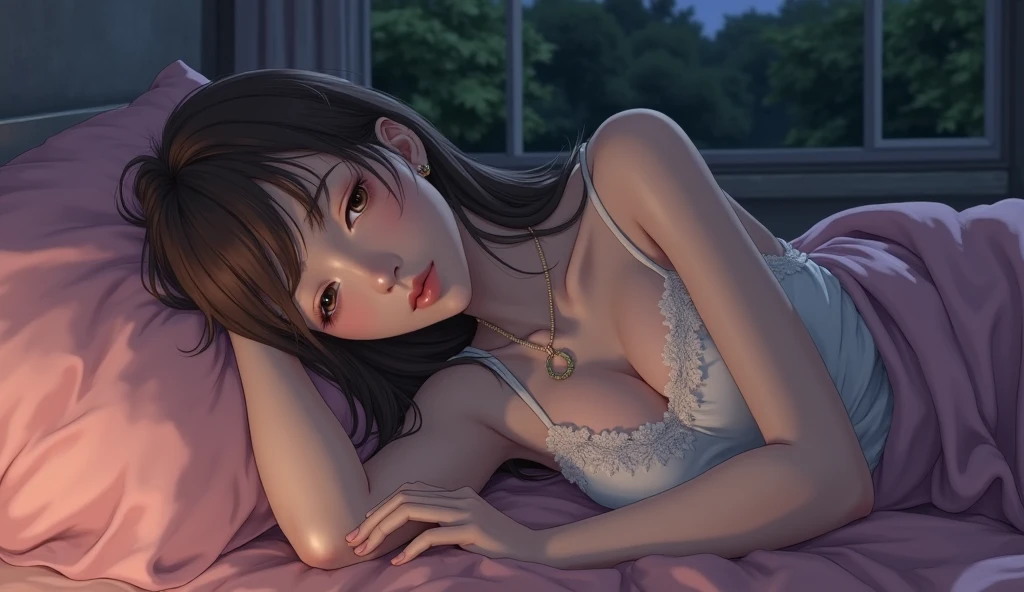 high quality、8k、Realistic anime drawings、In the dark planetarium、Stars on the wall、1 adult female、Age 25、(Long ponytail、skirt、knit)、((lie down on a reclining seat、close your eyes、sleep、blanket))