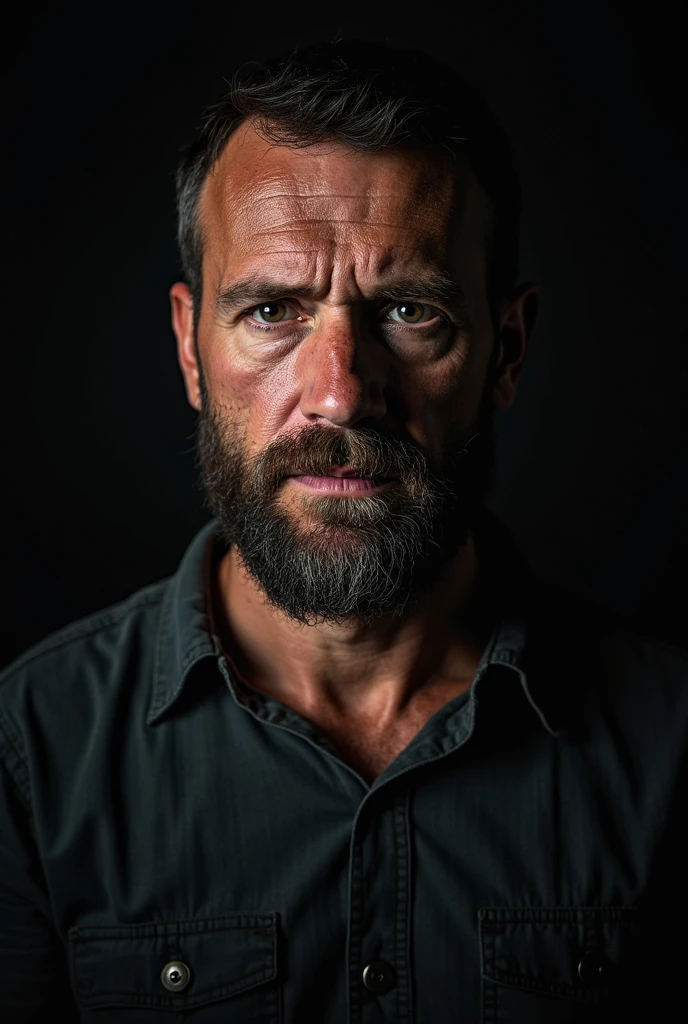 "Capture um 8K, hyperrealistic portrait of a man in his 50s. He has a very short military-style faded haircut., with a rough beard that gives off a lumberjack vibe. Its piercing green eyes look directly at the viewer. The scene shows the man from the waist up, revealing his heavily hairy chest and stomach, showing a chubby physique. He is shirtless against a deep black background, with a chiaroscuro lighting effect casting dramatic shadows on one side of the face and body. The image should focus on the intricate details of your facial features., beard texture, and chest hair, non-hyperrealistic rendering. Inspirando-se na photography by Greg Rutkowski, Emphasize the contrast between light and shadow, creating a powerful and intimate portrait of this robust man."