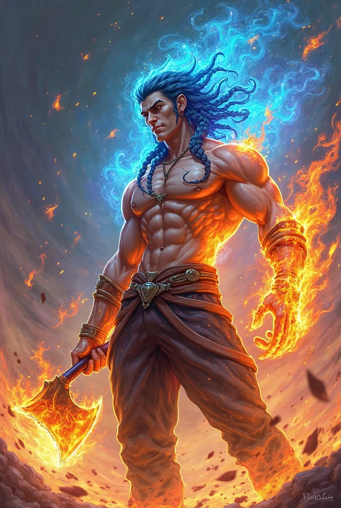 anime, 1 human man only, long black hair, standing, right wooden hand, left ice hand, right fire foot, left skeleton foot