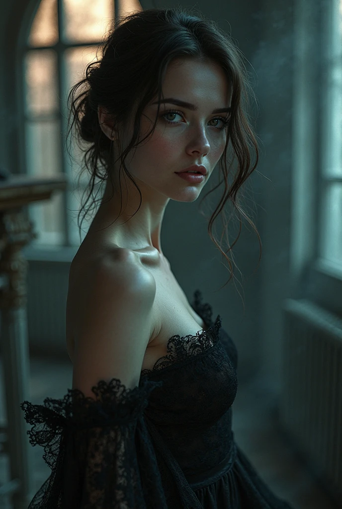 (photorealistic stick:1.5, table top:1.5, 8k), (highest quality, masterpiece, Super high resolution), perfect dynamic composition, professional camera work:1.4, Highly detailed skin and facial textures:1.3, mysterious portrait:1.3, Cultivate the effect of light, super detailed, 1 girl, ((Night view from inside the building, pitch black room:0.8, The moonlight at night shines through the glass)), (v neck nightdress), model body shape, clean face, (Beautiful and attractione eyes:0.8, Enchanted expression:0.8, i love you completely:0.8), A taste that gives you a beautiful sense of eroticism, dark brown medium hair, My chest is medium, necklace, (leaning against the window, attraction)
