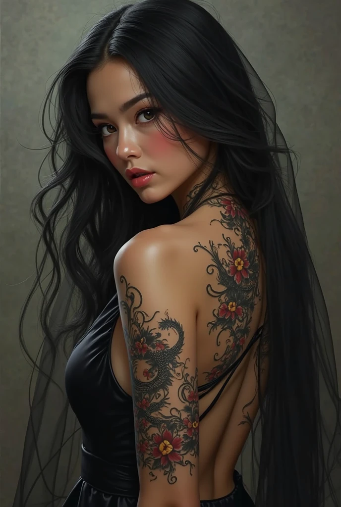photorealistic, high resolution, 1women, solo, hips up, jewelry, tattoo, wavy hair, shanfu