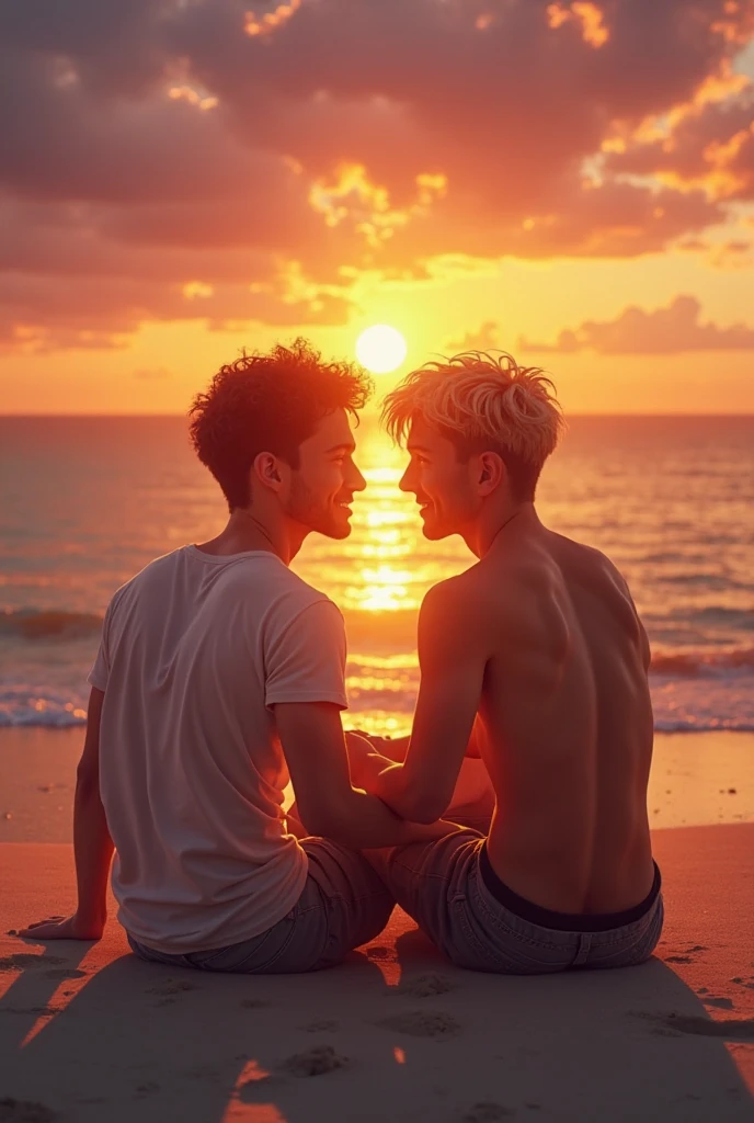 2 young Asian men , Muscular figure , bare, full body, Lie on your back. , hug and kiss , big penis, bareมีจู๋, fit , Has abs, Beachfront