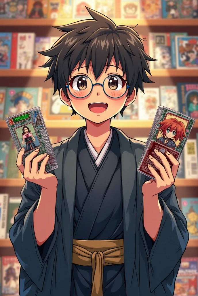 Happy and excited Japanese boy showing his comic manga drawings