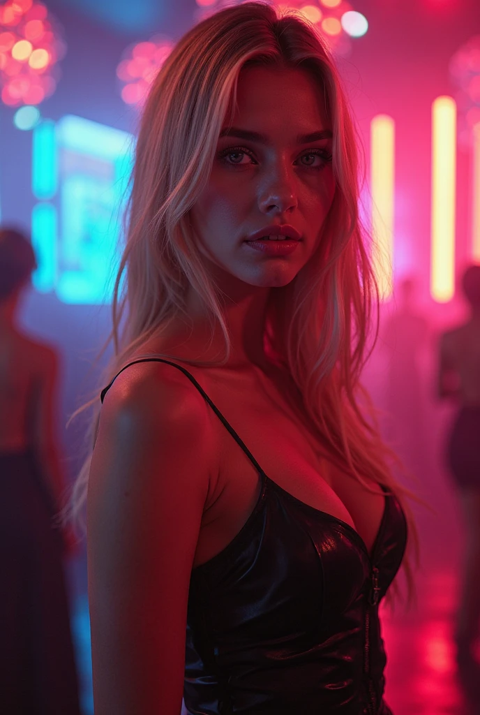 Jeune femme blonde. yeux bleus. (((Tout le corps))) vêtements : tenue de soirée sexy. arrière-plans : boîtes de nuit , pleine de monde, lumières colorées.(((gros seins.))) posture : en train de danser.