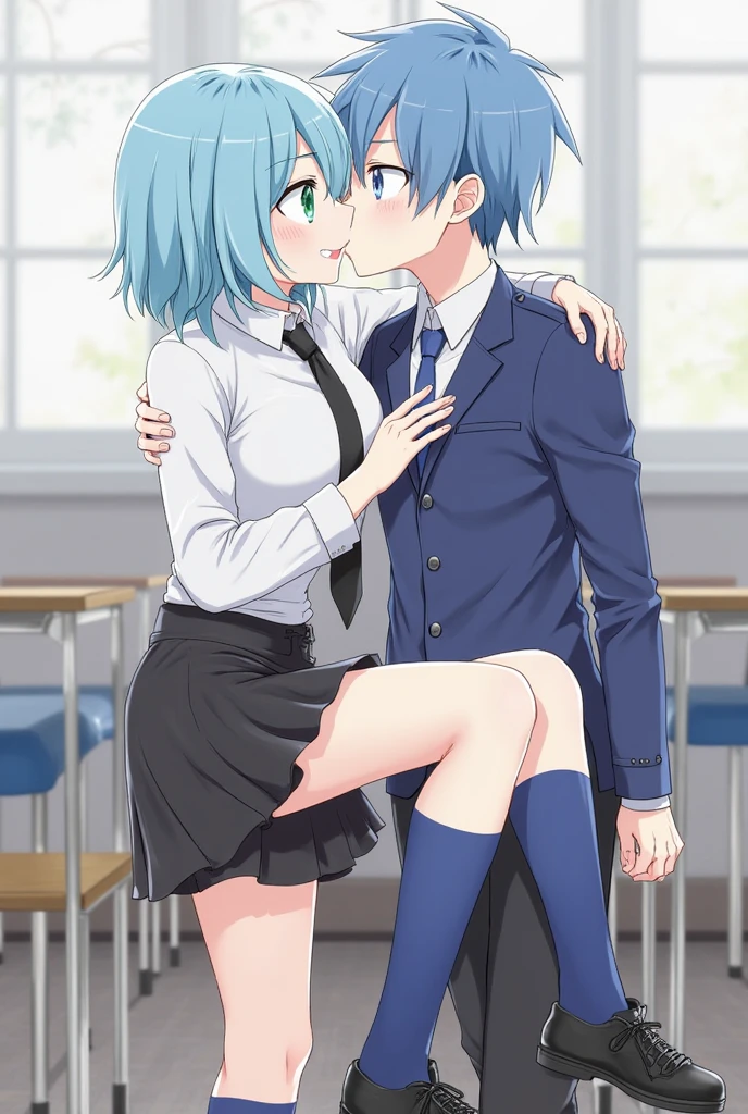 blue eyes, wearing long plain white shirt, high res, ultrasharp, masterpiece, wet shirt, pussy, crowd not notice, sex, mysterious smile, secretly having sex in front of others, denim skirt, tiny girl
