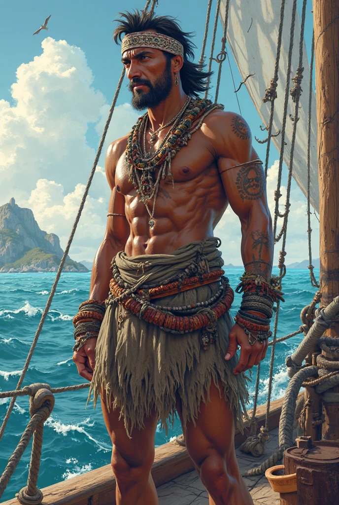 Black and white photo of a shirtless pirate with an incredible physique