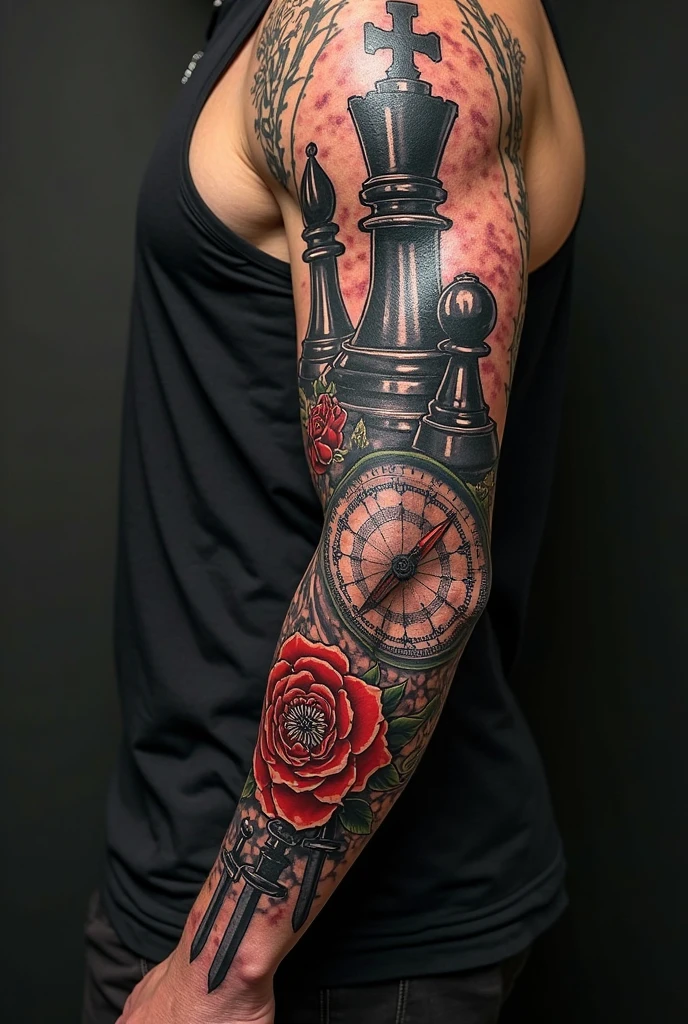 Arm sleeve tattoo with cards clock and rose
