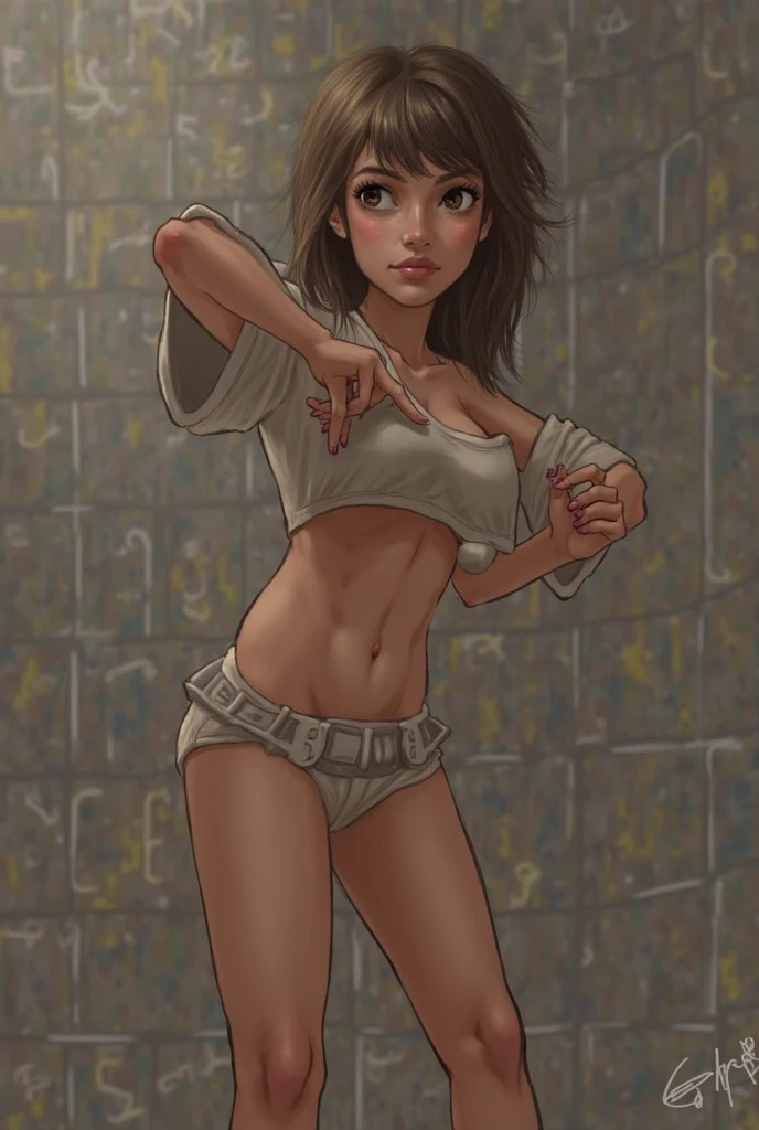 woman, latina face, brown skin, long natural brown hair, ponytail, glamour, Stand up, maquiagem, thick girl, large body, Lips are soft or colored, fundo preto simples, paletas de cores simples, limpo, minimalismo, monotone, Asymmetric, geometric, Crisp drawings, silhuetas fluidas, Stand Up, provocador, surprised facial expression, bashful, simple lighting and texture, Simple and minimalist accessories, limpo, Crisp drawings, bordeaux red dress, side view
