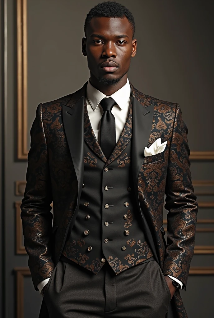 Create an 8K masterpiece portraying an African or Caribbean man in his early 30s, exuding the early 20th-century working-class English style found in historical dramas. His stern, focused expression displays sharp features and a firmly set jaw, with a textured crop hairstyle reminiscent of the era, featuring a hint of stubble on his chin, enhancing his rugged appeal. Dressed in a vintage tweed suit, intricately tailored to accentuate his lean frame, the portrait showcases a waistcoat and a classic, dark tie.
Focus on the man from the chest up, ensuring his hands remain hidden from the frame. The scene takes place