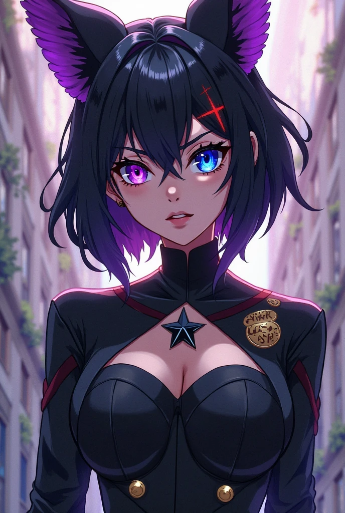 1girl, Miqo'te Final Fantasy 14, Reaper Job, Dark Pants, Dark top, Scythe (weapon) , Black Hair, Purple ; highlights; Green eyes, Side Ponytail , Darker Skin Tone, cat tail; No Ears, Portrait, in space,