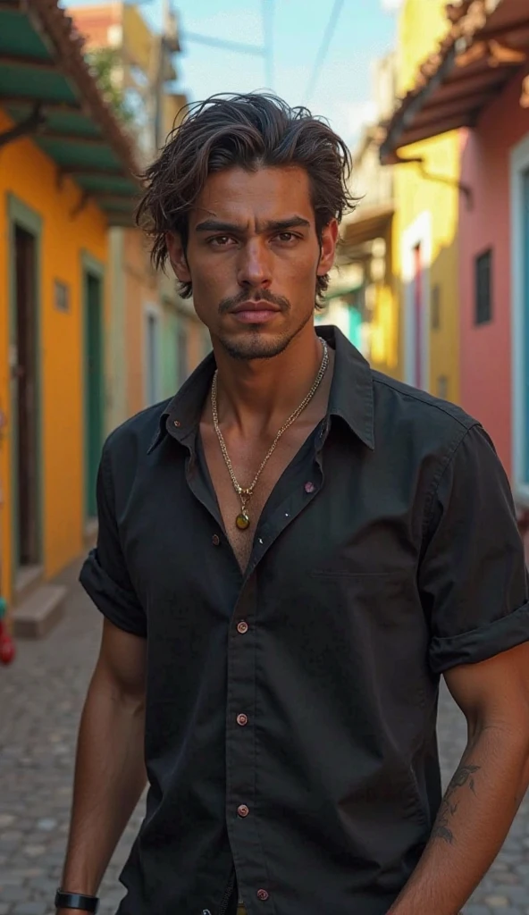 Man, beautiful, attractive face, hazel eyes, perfect jaw and chin, muscular, defined, attractive body , wearing a dirty, torn shirt , body hairs rebeldes castanho queimado do sol , in the Brazilian favela , with houses from Brazil , is on the wall of a gate , pleasant afternoon , closed smile, eyes shining with tears, Gratitude ,  body hair, sweaty skin , Tears in your eyes and on your face, The light of the sky illuminates your face 