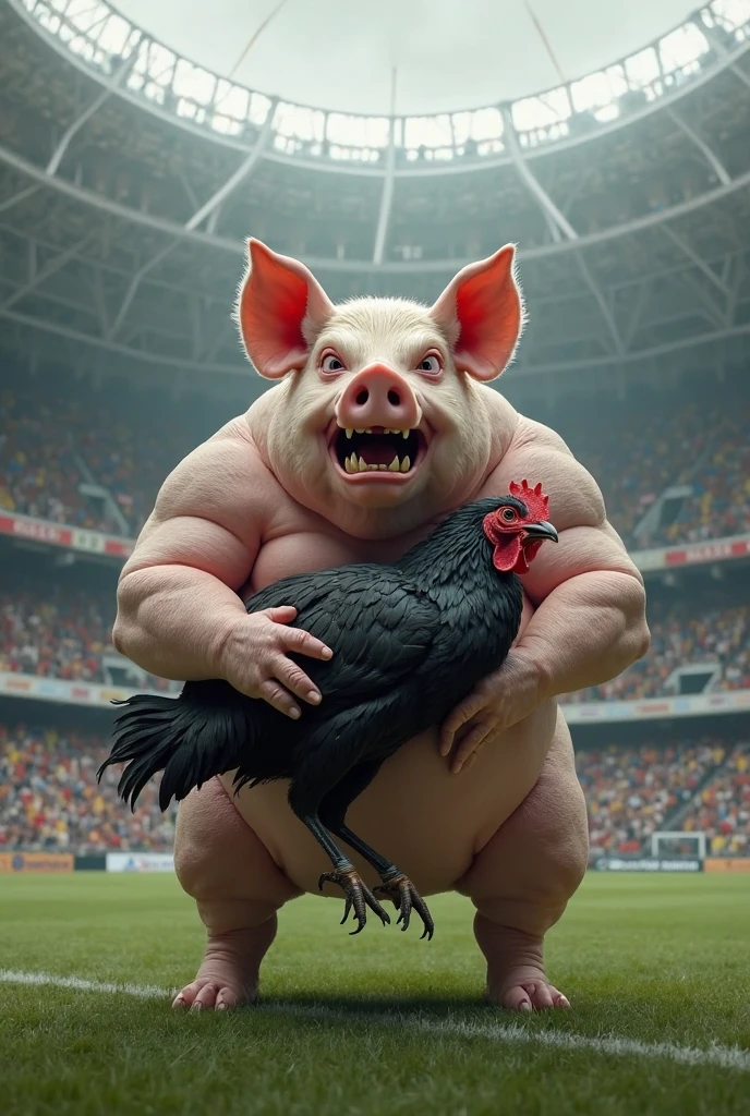 A muscular pig, well-defined gym belly, puffed out chest and shirtless, green tattoo, crossing his arms above his head pointing the middle finger of both hands, inside a soccer stadium, next to a muscular rooster, well-defined gym belly, puffed out chest and shirtless, black tattoo hugging himself