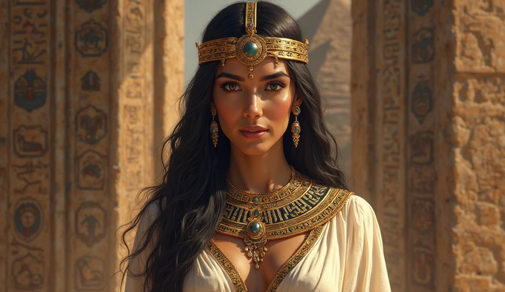 (bust:1.4), Low - Angle:1.4, Desert Princess, Beautiful woman with long black hair, Detailed face, Deep Eyes, ふっくらAnd唇, Wearing a gold crown, Detailed starry sky,Vast desert and the Sphinx, Dramatic lighting, A gorgeous column, rich fabric, (Highest quality,4K,8K,High resolution,masterpiece:1.2),Super detailed,(Realistic,photoRealistic,photo-Realistic:1.37),Intricate details,Cinema Lighting,Chiaroscuro,Dramatic Shadows,Warm color palette,Dramatic Pose, Beautiful Egyptian Queen,Hall々And,elegant,Majestic