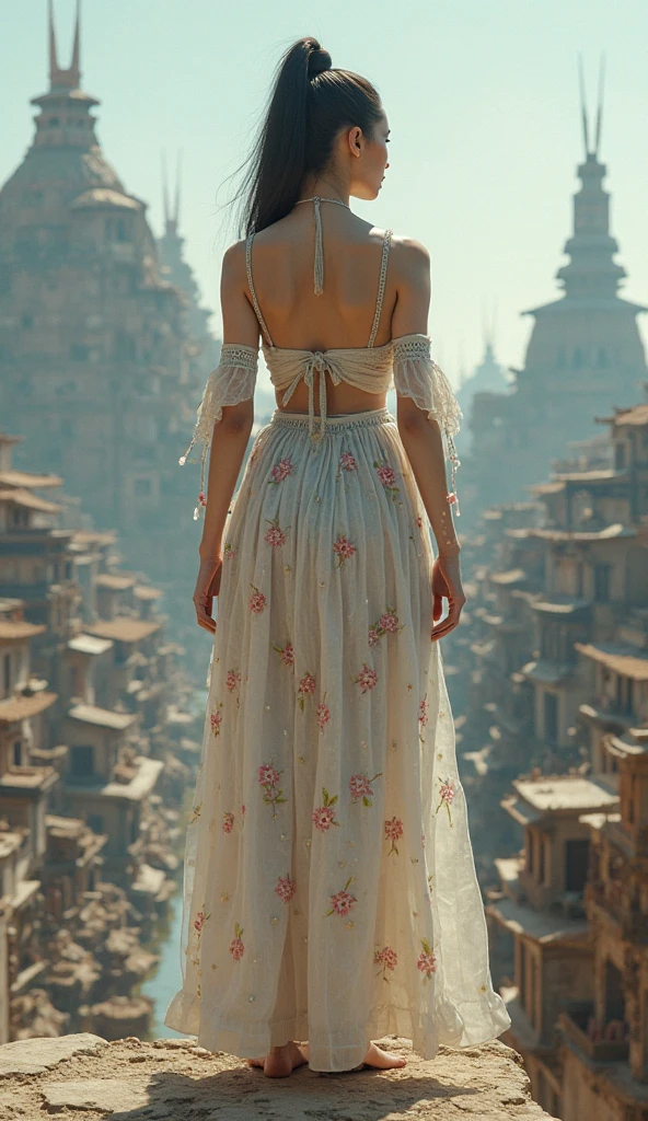 A high-fashion model in an elaborate Hanfu by Alexander McQueen, with her back to the camera, stands in a bustling metropolis of futuristic architecture. This Vogue full-length photo shoot by Andreas Gursky blends tradition with modernity
