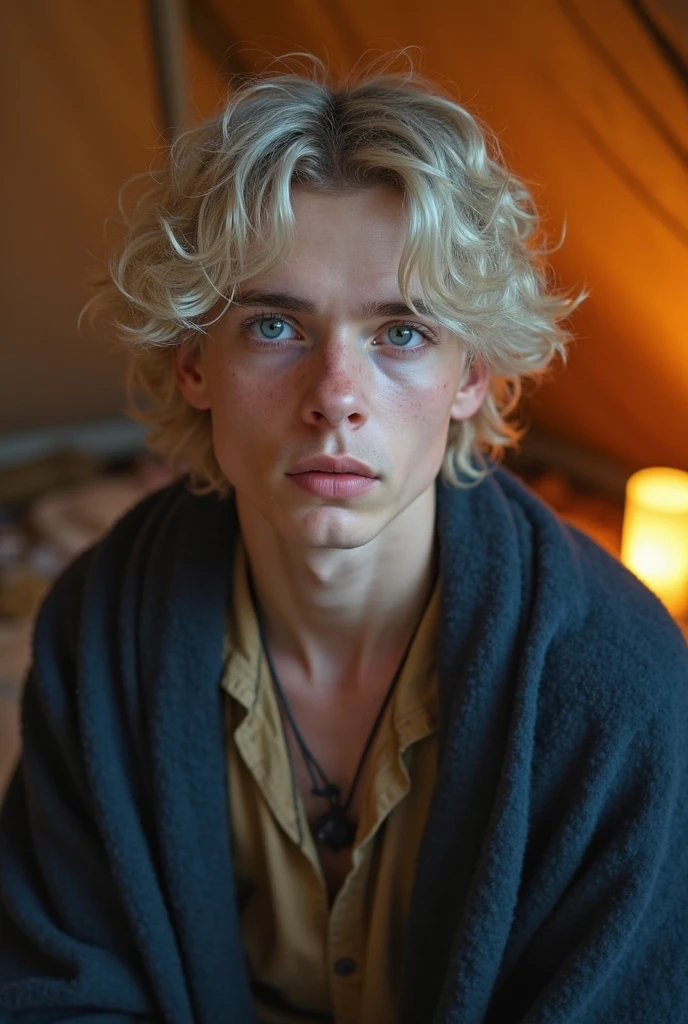 A face of a Targaryen Prince with round face, He's wearing a white inner loose clothes,his platinum blonde hair undone and irregular, he's afraid and scared, freckles on face,