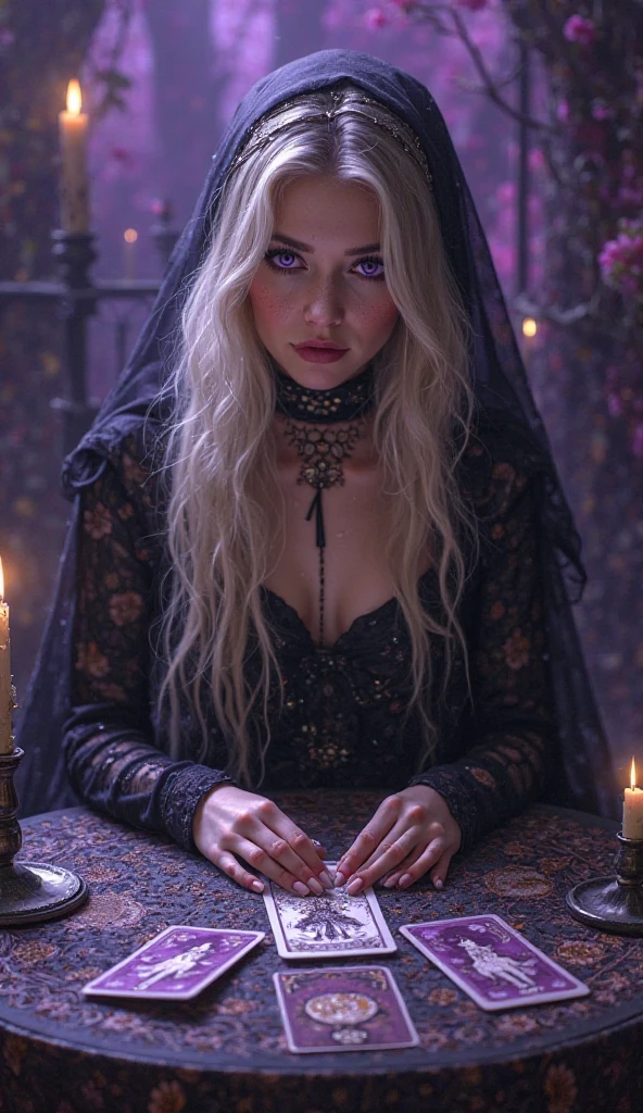 A blonde woman, a young blonde woman in purple occult witch clothes, somber atmosphere, sinister looking, The woman is looking forward, the woman is extremely beautiful with a delicate face, purple makeup, hair blonde, the woman has a very attractive body, small cleavage in the breast area