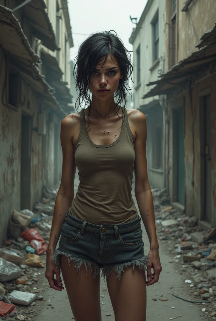 A beautiful European women, queen, full body, kneeling, wearing torn dress, long dress, bone crown, grey sky, Post-Apocalyptic city, lianas, trees, vines. She is 24 years old, has black hair, long hair, curly hair and black eyes. Her cloth is stylish and her overall appearance is stunning. The girl's face is extremely detailed with beautifully detailed lips. Her skin is anatomically correct with realistic textures. The image should have super high details and be of the best quality, with a resolution of 8K. The final result should be a masterpiece, showcasing the girl's beauty and the vibrant atmosphere of The destroyed Post-Apocalyptic city, trees and vines