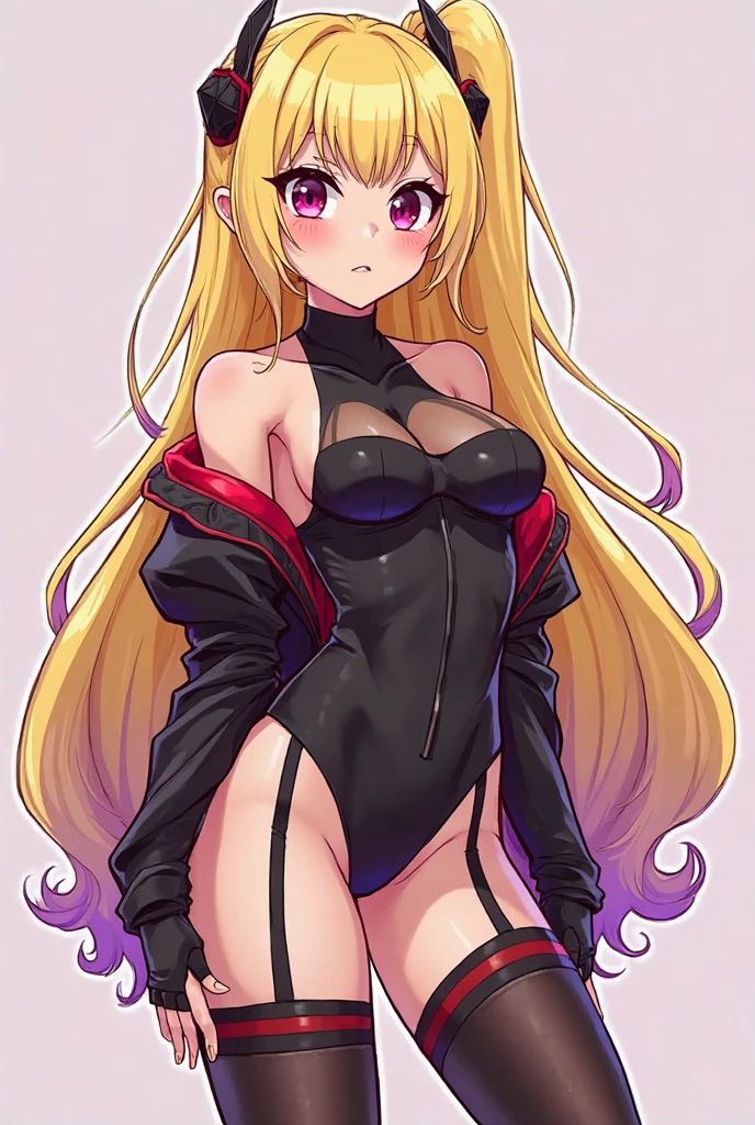 1girl, anime, cute girl, blank background, white background, fantasy, detailed fantasy dress with highlights, beautiful face, beautiful eyes, dark colors, pink hair with some streaks of blue strands, different color pupil in eye, medium small breasts (slightly big), slight cleavage, beautiful skin, cute, breast curtains, extremely delicate and beautiful, (beautiful detailed face:1.0), (detailed deep eyes), symmetrical breasts, deep eyes, shiny skin, portrait, slender waist, hips wider than shoulders, thighs, expressionless, young girl, luminous eyes, adorable,(Kpop idol),(aegyo sal:1),(Platinum blonde hair:1),((puffy eye)),Black panty,sexy posture,Superskirt, ultra high resolution,Black collar,slim figure, Abdominal y tattoo, womb tattoo,Tight-fitting leg ring,y tattoo on half-body,Bare skin, Armored hand,Hidden fingertips,Hand covered,Arm covered,Fist covered,{{beautiful detailed fingers}}, tufts of hair,