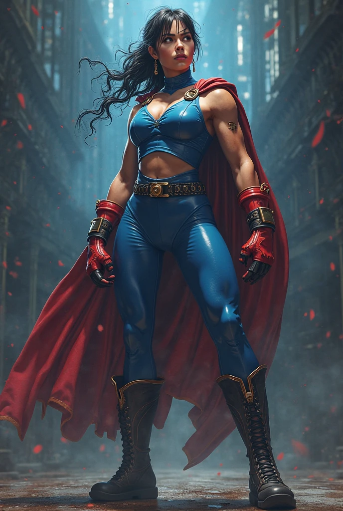 A beautiful woman under the cloak of the warrior Big Barda has long hair, black and almost always hidden by his samurai helmet. His eyes are light blue. Her superheroine costume is samurai themed.. Her costume usually includes a blue jumpsuit combined with red and a gold armor top over her jumpsuit on her knees screaming exhausted after an extensive battle blood around her in an apocalyptic and rainy city cars and buildings on fire