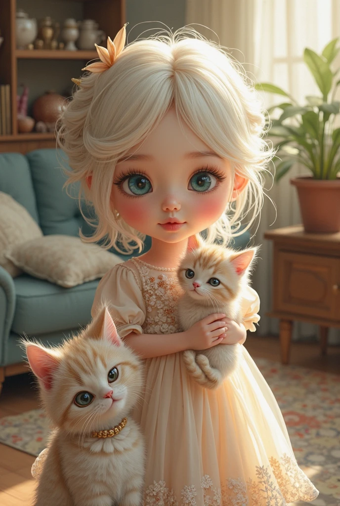 1 girl, (((lying in bed with white cat on top of her))), pink dress, brown bed, cheerful blue eyes, smiling, striped socks, blond clean short hair, bright room, natural light.