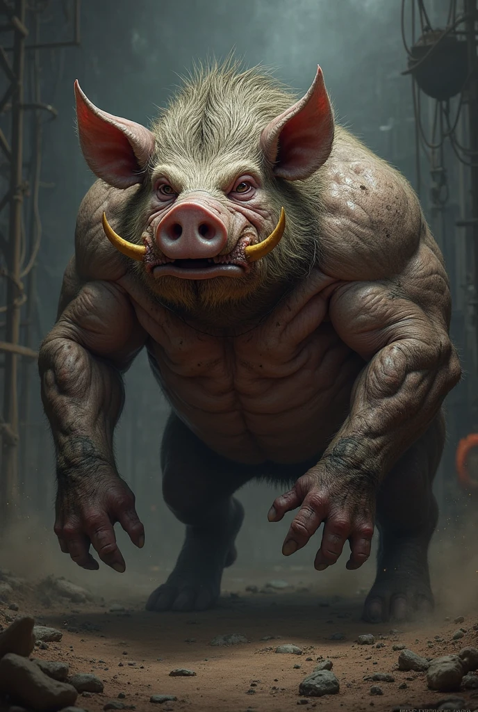 (middle-aged boar furry character:1.5), (muscular and slightly overweight build:1.2), (scars all over body:1.4), (bound hands behind back:1.3), grim, tired expression, dirty white thong underwear, boots, dilapidated building interior, debt contract, glowing phone, heavy rain, rain outside, sense of desperation, dread, kneeling on the filthy floor, best quality, masterpiece, ultra-detailed, intricate, illustration, detailed lighting, moonlit shadows