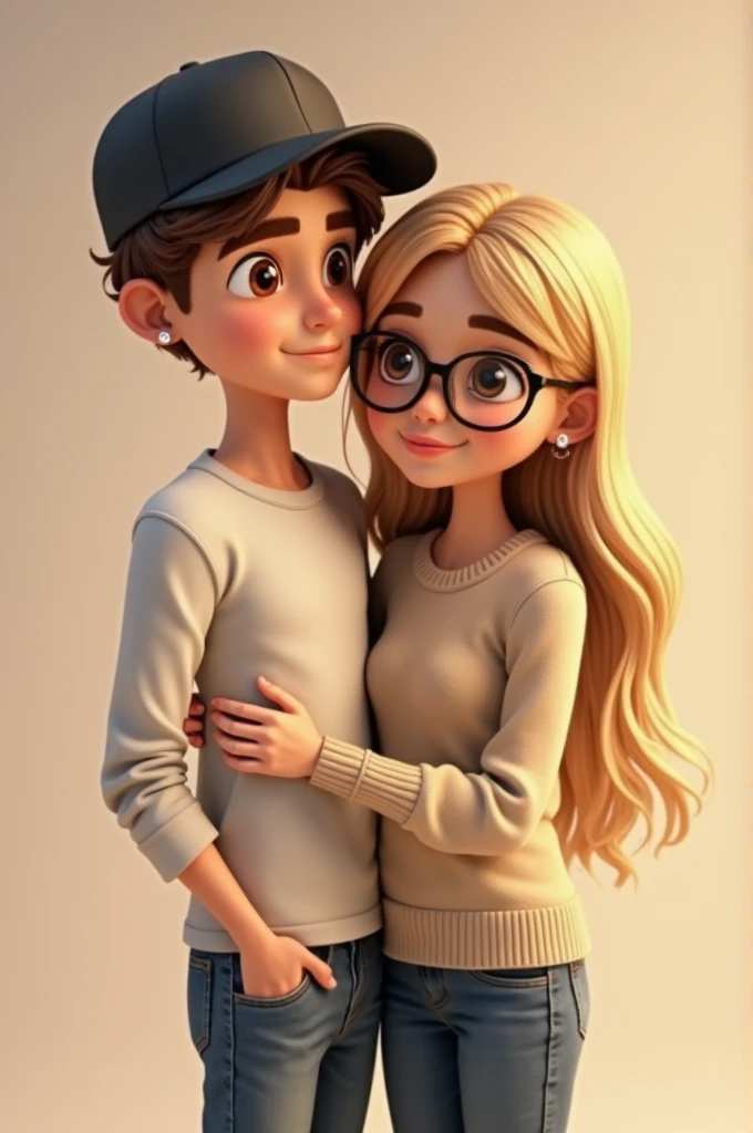 A girl and a Pixar boy sitting on the grass bending their knees kissing each other. The girl has brown hair, beige pants and a short white jacket with white sneakers. The boy has brown hair, glasses, jeans and a white shirt with a black jacket and white tennis shoes and in the background the sky is blue with white pixar style clouds
