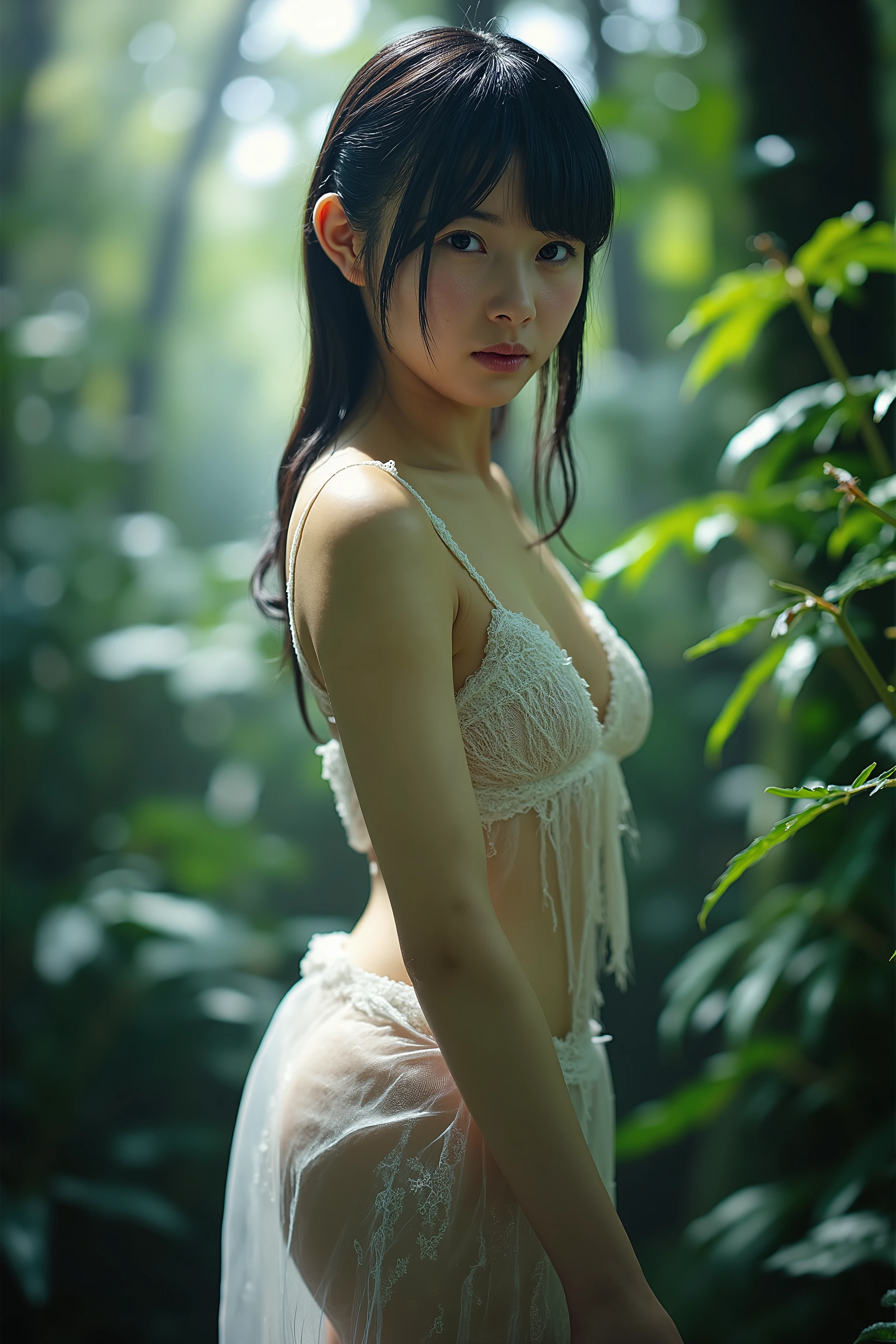 (((nffsw))), (((masutepiece))), (((8K))), (((hight resolution))), (((Photorealistic))), (((Cinematic lighting))), god rays, Zoom Layer, (((FULL BODYSHOT))), F/4.0, canon, Shiny skin,Detailed skin,Detailed face, Detailed eyes, nakeness, Bare chest, No top, Beautiful divine messenger girl in the Japan,Black Short Bob Hair, Path through the mysterious forest, White kimono, hair adornments, Taking off your kimono, White bra visible, White panties are visible, Innocent face