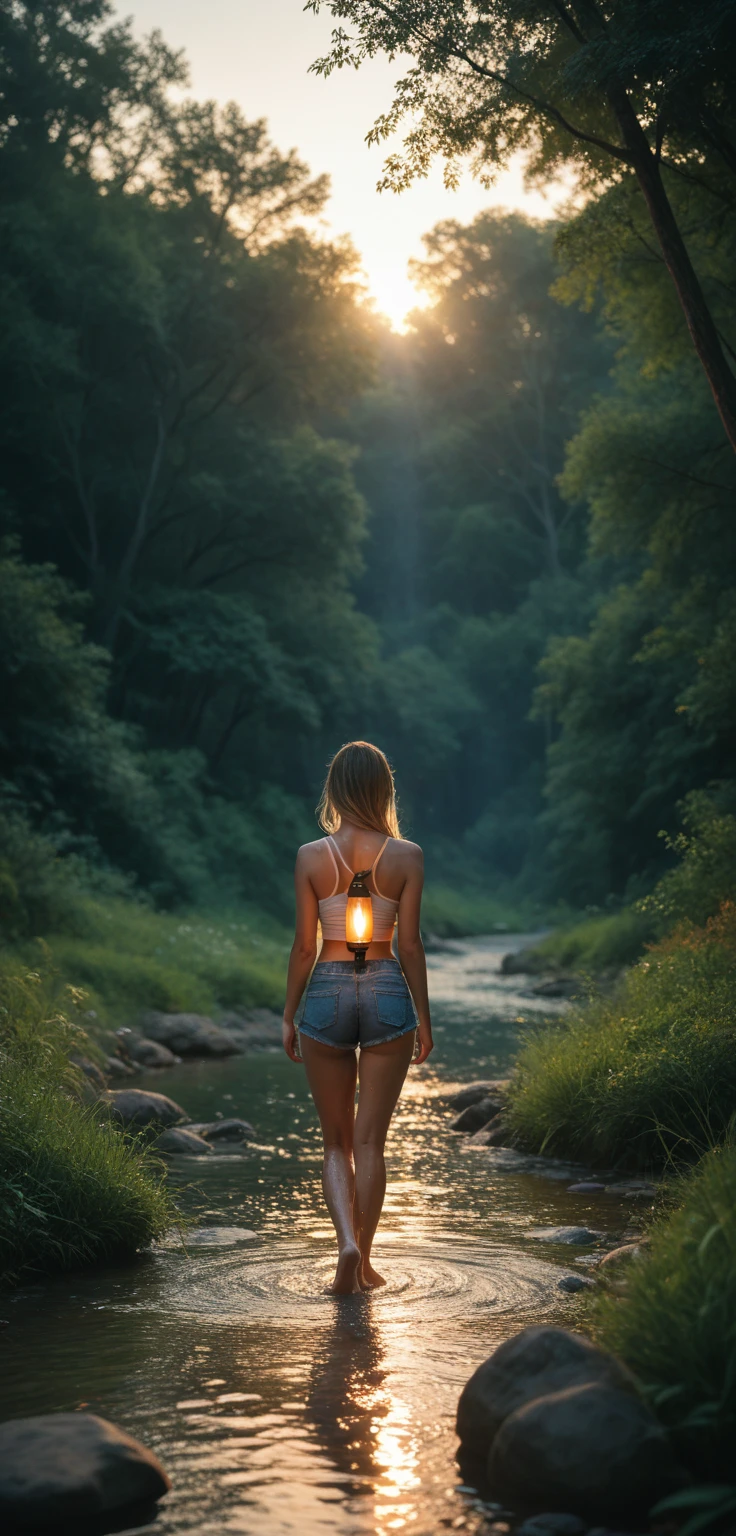 Eine sexy junge Frau, 28 Jahre alt, wandering through a utopian jungle world, colorful shining sky at dusk, phosphorisierende riesiege Pflanzen, bioluminiszierende tiere