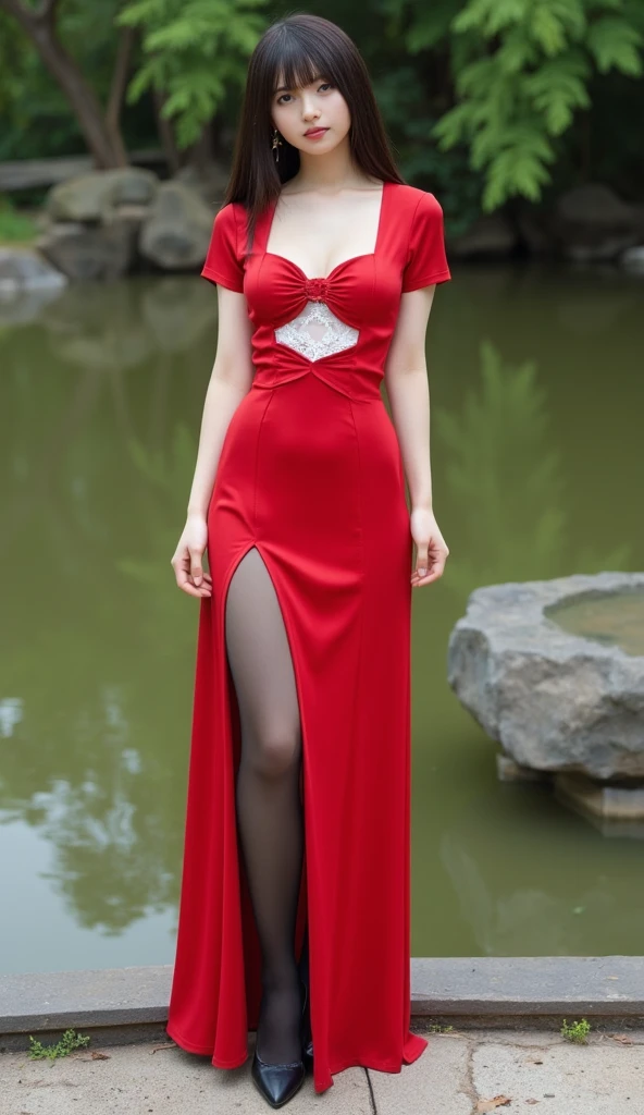 1girl,baiyi,large breasts,red lips,smile,ponytail,realistic, 1 girl, indonesian girl, 23 years old, (black hair super-long 1 meters), (very beautiful face, very sweet, sharp eyes like an angel from heaven ), (beautiful hair), actress, smile, shiny skin, best quality, masterpiece, (photorealistic:1.4), terrace seating, asian, indonesian, jakarta, denim long skirt (realistic fabric), white short sleeves (cotton fabric), (no logo), thin fingers, a woman in a red dress posing for a picture in a courtyard, a picture by Emma Andijewska, tumblr, tachisme, sexy gown, opened dress, wearing an elegant dress, fantasy long intricate gown, sexy dress, dressed beautiful gown, red gown, wearing a magnificent dress, dressed in red lace, translucent dress, extravagant dress, see through dress