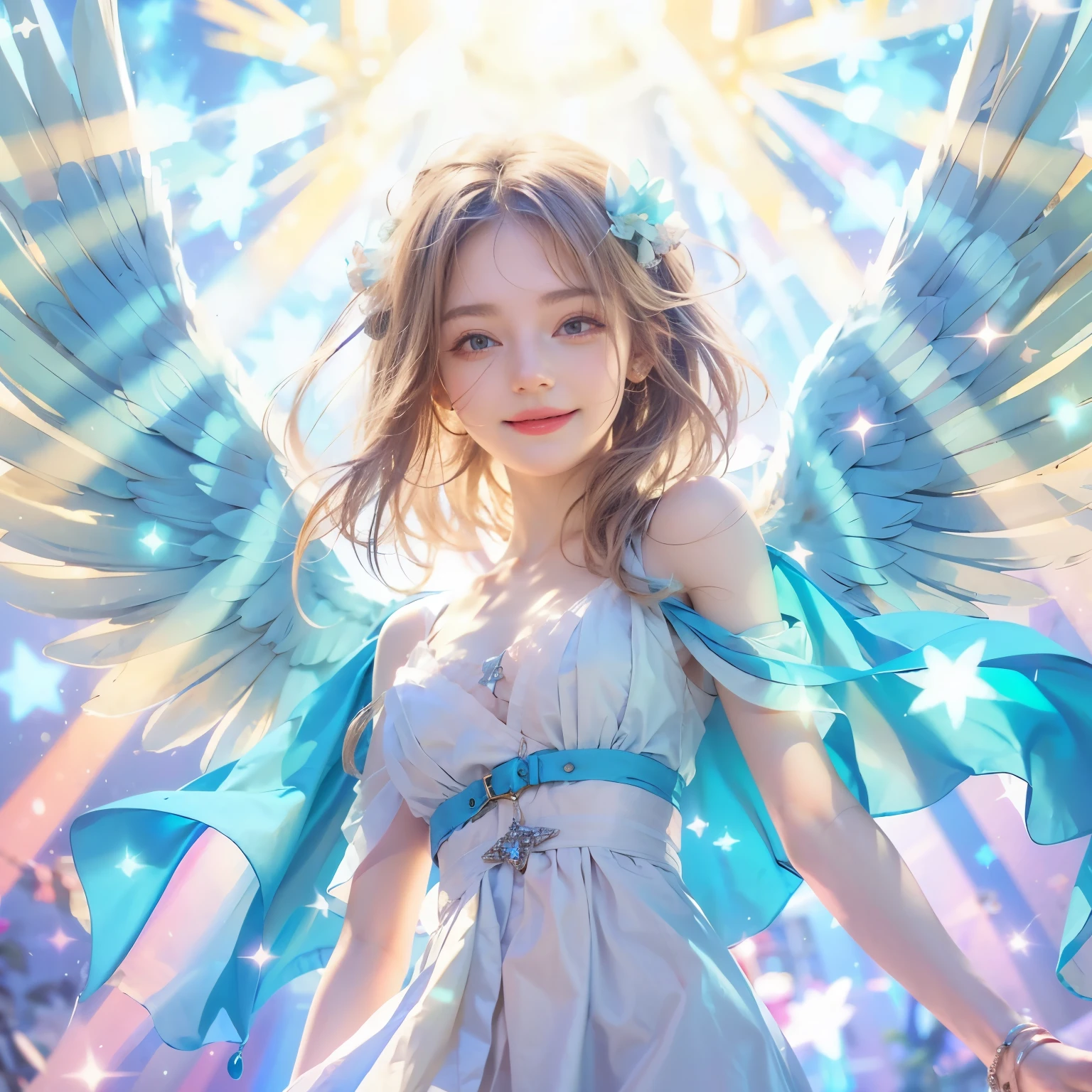 A young, smiling female angel wearing an aquamarine cloak, sky blue, and pink antique-adorned clothes in a world of light