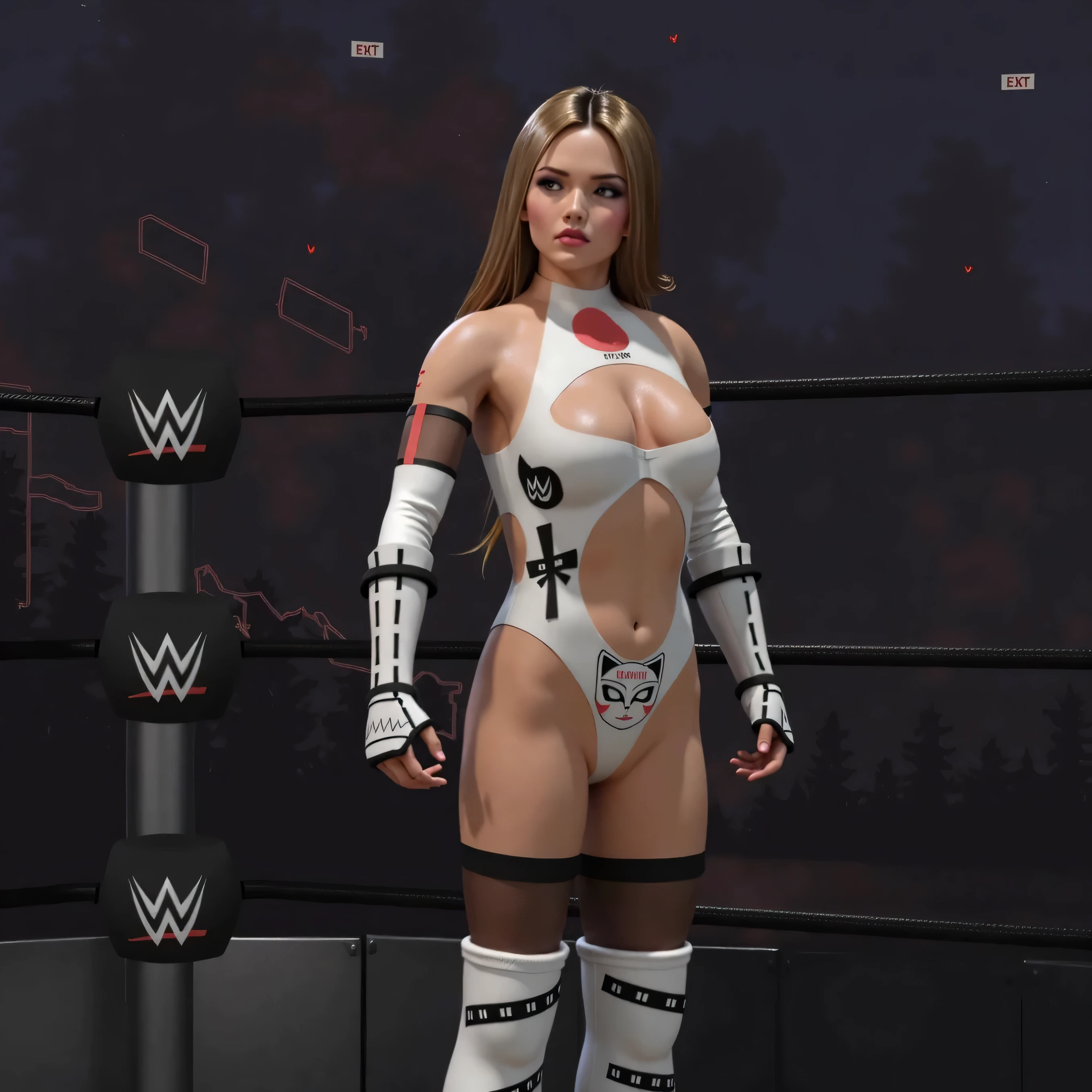 Latina female wrestler in black tendril like bra, black tendril like trunks, leather bracelets and armbands, messy shaggy hair, day of the dead facepaint, long black boots, photo realistic, intricate details